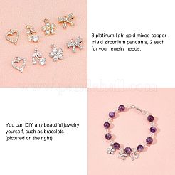 16Pcs 8 Style  Rack Plating Brass Micro Pave Cubic Zirconia Charms&nbsp;ZIRC-FH0001-17