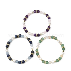 Natural Gemstone & Shell Pearl & Brass Rhinestone Beaded Stretch Bracelets for Girls&nbsp;BJEW-JB14087