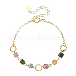 Natural Mixed Gemstone Faceted Cube Beaded Brass Chain Bracelets for Women&nbsp;BJEW-JB14334