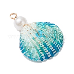 Dyed Natural Shell & Imitaiton Round White Pearl Pendants&nbsp;PALLOY-JF04443-01