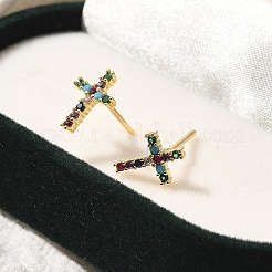 Rack Plating Cross Brass Micro Pave Cubic Zirconia Stud Earrings&nbsp;EJEW-H143-19G
