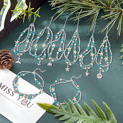 8Pcs 8 Style Synthetic Turquoise Starfish & Seed & Resin Beaded Double Layer Multi-strand Anklets Set&nbsp;AJEW-AN0001-03
