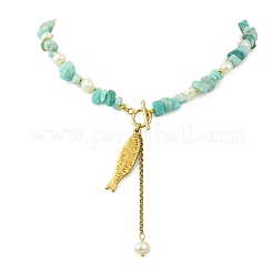 304 Stainless Steel Fish Pendant Natural Amazonite Chip and Pearl Beaded Necklaces for Women&nbsp;NJEW-JN06299-01