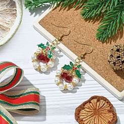 Christmas Theme Imitation Austrian Crystal & Round Shell Pearl Dangle Earrings&nbsp;EJEW-TA00467