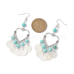 Heart Synthetic Turquoise & Capiz Shell Chandelier Earrings&nbsp;EJEW-TA00490