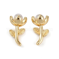Flower Brass Plastic Pearl Stud Earrings&nbsp;EJEW-U059-06G