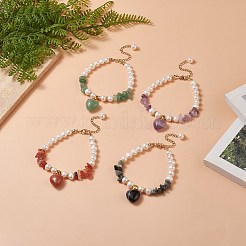 4Pcs 4 Style Natura Mixed Gemstone & Shell Beaded Bracelets Set with Heart Charms for Women&nbsp;BJEW-TA00242