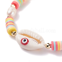 Natual Shell with Evil Eye & Pearl Braided Bead Bracelet&nbsp;BJEW-TA00049-01
