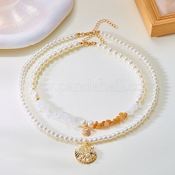 Summer Beach Alloy Shell Shaped Pendant Plastic Imitation Pearl & Natural Red Aventurine Beaded Double Layer Necklaces for Women&nbsp;FS-WGF3BD7-09