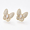Brass Micro Pave Cubic Zirconia Stud Earring Findings, with Loop, Butterfly, Clear, Nickel Free, Real 18K Gold Plated, 15.5x15.5mm, Hole: 1mm, Pin: 0.8mm