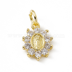 Brass Micro Pave Cubic Zirconia Charms, with Jump Ring, Cadmium Free & Lead Free, Oval Flower with Religion Virgin Mary Charms, Real 18K Gold Plated, 12x9x2mm, Hole: 3mm