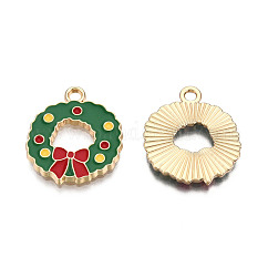 Christmas Theme, Alloy Enamel Pendants, Light Gold, Wreath, Green, 20x17.5x1.5mm, Hole: 2mm