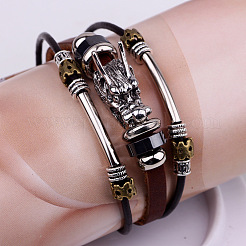 Dragon Head Leather Cord Multi-strand Bracelets&nbsp;BJEW-P0001-12