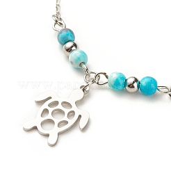 304 Stainless Steel Turtle Charm Anklet with Round Natural White Jade Beads for Women&nbsp;AJEW-AN00498-04