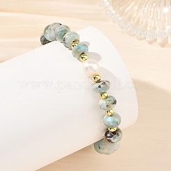Natural Larimar Rondelle Beaded Stretch Bracelets with Natural Pearl&nbsp;BJEW-JB14432