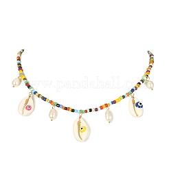 Natural Shell Evil Eye & Pearl Bib Necklace with Glass Seed Beaded Chains&nbsp;NJEW-TA00104
