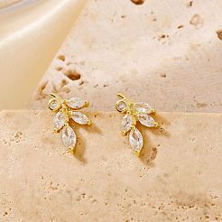 Mini 3D Willow Leaf Brass Clear Cubic Zirconia Stud Earrings Fashion Accessories&nbsp;NO4819