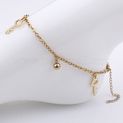 Key and Round Ball Charm 304 Stainless Steel Cable Chain Anklets for Women&nbsp;FS-WGBFDD0-01