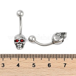 Skull 316 Surgical Stainless Steel Red Cubic Zirconia Belly Button Rings&nbsp;EJEW-G416-34AS