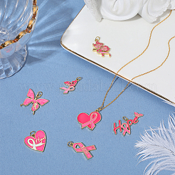 7Pcs 7 Styles October Breast Cancer Pink Awareness Ribbon Brass Enamel Pendants&nbsp;KK-BBC0020-36