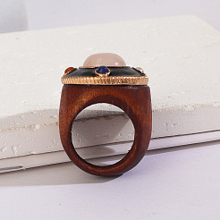 Flat Round Wood & Resin & Natural Rose Quartz Finger Rings&nbsp;FS-WG75D49-02