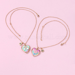 2Pcs 2 Styles Alloy Enamel Rainbow Flower Heart Photo Locket Pendant BFF Necklaces&nbsp;WG3E2EF-01
