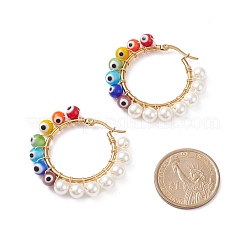 Shell Pearl & Evil Eye Lampwork Beaded Hoop Earrings&nbsp;EJEW-TA00115