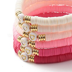 Handmade Polymer Clay Heishi Beads Stretch Bracelets Set with Heart Pattern Beads for Women&nbsp;BJEW-JB07449