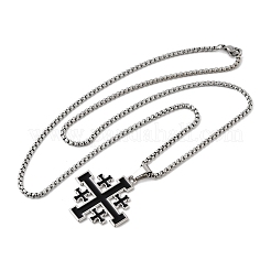 Jerusalem Cross Alloy Enamel Black Pendant 201 Stainless Steel Box Chain Necklaces&nbsp;NJEW-Z109-01P