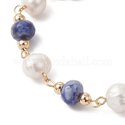 Rondelle Natural Blue Spot Jasper & Cultured Freshwater Pearl Beaded Link Bracelets for Women&nbsp;BJEW-JB12809-01