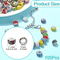 100Pcs 10 Colors Polymer Clay Rhinestone European Large Hole Beads with Silver Color Plated Brass Cores&nbsp;FIND-YW0004-88