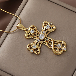 Vintage 304 Stainless Steel with Clear Glass Hollow Cross Pendant Necklaces for Women&nbsp;MR8108
