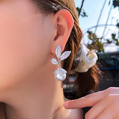 Leaf with Round Brass Micro Pave Clear Cubic Zirconia Dangle Stud Earrings&nbsp;FS-WGD9583-01