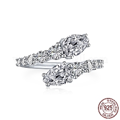 Rhodium Plated 925 Sterling Silver Snake Open Cuff Rings with Cubic Zirconia&nbsp;RJEW-F150-76P