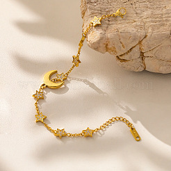 304 Stainless Steel Micro Pave Clear Cubic Zirconia Moon & Star Link Bracelets for Women&nbsp;WG4658D-02