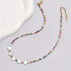 Heart Natural White Shell & Colorful Faceted Rondelle Glass Beaded Necklaces for Women&nbsp;BI2197
