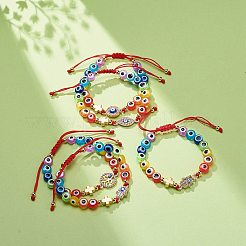 Evil Eye Resin Bead & Eye/Hamsa Hand/Flat Round Alloy Rhinestone Braided Beaded Bracelets for Girl Women&nbsp;BJEW-JB08742
