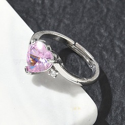 Adjustable Brass Finger Rings with Pink Heart Cubic Zirconia for Valentine's Day&nbsp;CU-CBA7E55-11P