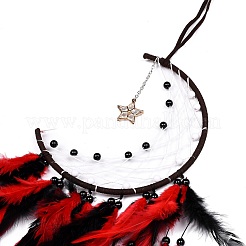 Moon Woven Net/Web with Feather Pendant Decoration&nbsp;HJEW-I013-05