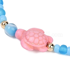 Pink Turtle Dyed Synthetic Turquoise & Glass Braided Beaded Adjustable Anklets&nbsp;AJEW-AN00677