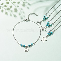 304 Stainless Steel Mixed Shape Charm Anklet with Round Natural White Jade Beads for Women&nbsp;AJEW-AN00498