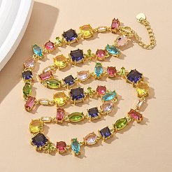Brass Micro Pave Colorful Cubic Zirconia Link Chain Necklaces&nbsp;NJEW-M089-01G
