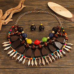 Wood with Plastic Multilayer Necklace & Round Beaded Dangle Earring&nbsp;FS-WGCB179-01