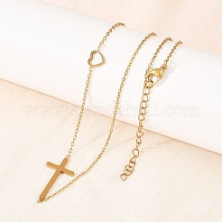 Religion 304 Stainless Steel Heart Cross Link Chain Necklaces&nbsp;NJEW-H093-03G