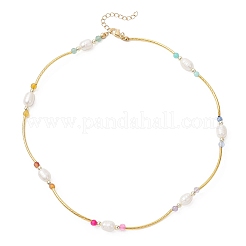 Natural Amethyst & Carnelian & Agate & Amazonite & Green Aventurine Faceted Round & Natural Pearl Rice & Brass Curved Tube Beaded Necklaces&nbsp;NJEW-JN05534