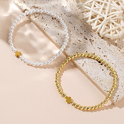 2Pcs Minimalist Imitation Pearl & Brass Cross Beaded Stretch Bracelet Sets&nbsp;QX2906-1