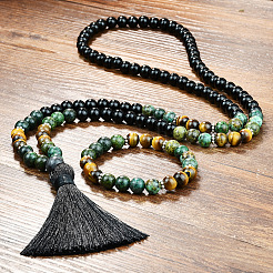 Glass & African Turquoise(Jasper) & Tiger Eye Round Rosaries Beaded Tassel Pendant Necklaces & Bracelets Sets&nbsp;FS-WGB975F-03