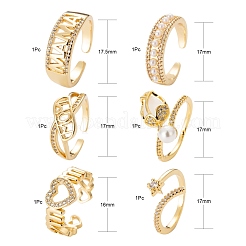 6Pcs 6 Styles Adjustable Brass Micro Pave Clear Cubic Zirconia Cuff Rings&nbsp;RJEW-LS0001-26G
