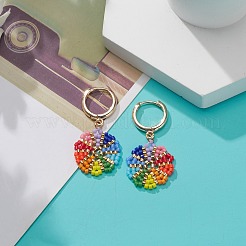 Rainbow Color Japanese Seed Braided Flower Dangle Hoop Earrings&nbsp;EJEW-MZ00003
