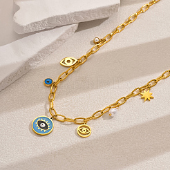 Elegant Classic 201 Stainless Steel Enamel Deep Sky Blue Evil Eye Pendant Necklaces for Women&nbsp;IG6682